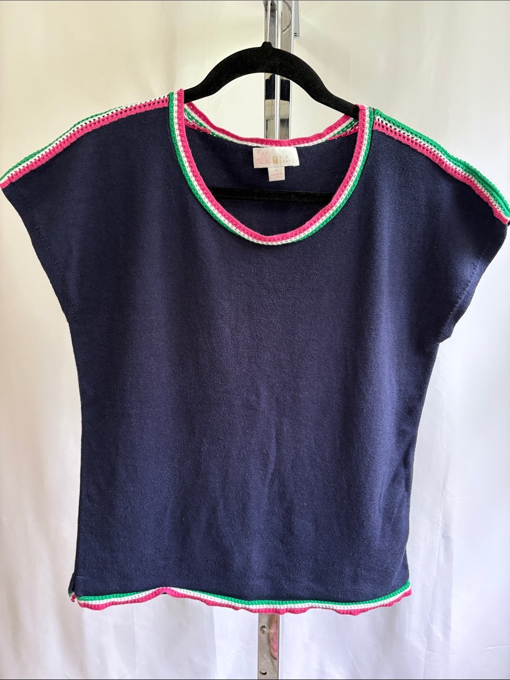 Belle by Kim Gravel Navy Knit Top with Pink & Green Crochet Trim